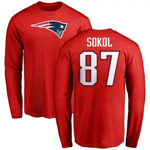 Men's Matt Sokol New England Patriots Name & Number Logo Long Sleeve T-Shirt - Red