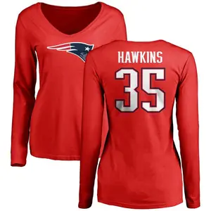 Women's Brad Hawkins New England Patriots Name & Number Logo Slim Fit Long Sleeve T-Shirt - Red