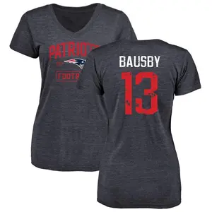 Women's De'Vante Bausby New England Patriots Navy Distressed Name & Number Tri-Blend V-Neck T-Shirt