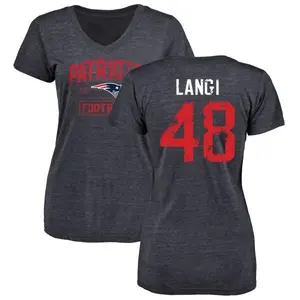 Women's Harvey Langi New England Patriots Navy Distressed Name & Number Tri-Blend V-Neck T-Shirt