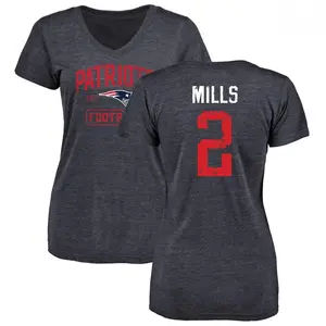 Women's Jalen Mills New England Patriots Navy Distressed Name & Number Tri-Blend V-Neck T-Shirt