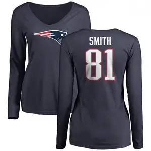 Women's Jonnu Smith New England Patriots Name & Number Logo Slim Fit Long Sleeve T-Shirt - Navy