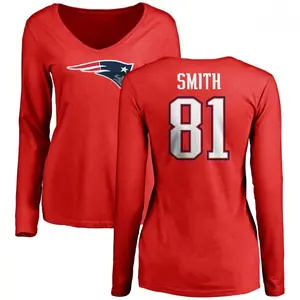 Women's Jonnu Smith New England Patriots Name & Number Logo Slim Fit Long Sleeve T-Shirt - Red