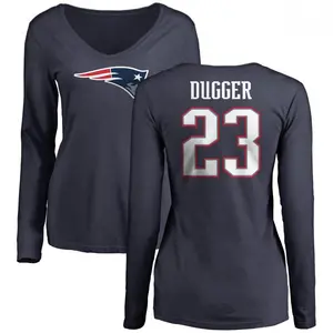 Women's Kyle Dugger New England Patriots Name & Number Logo Slim Fit Long Sleeve T-Shirt - Navy