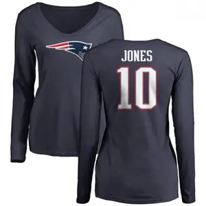 Women's Mac Jones New England Patriots Name & Number Logo Slim Fit Long Sleeve T-Shirt - Navy
