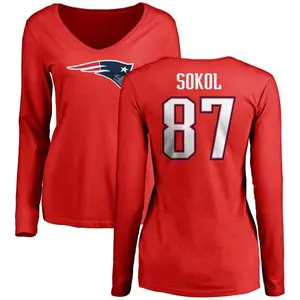 Women's Matt Sokol New England Patriots Name & Number Logo Slim Fit Long Sleeve T-Shirt - Red