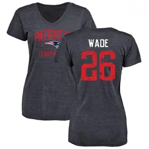 Women's Shaun Wade New England Patriots Navy Distressed Name & Number Tri-Blend V-Neck T-Shirt