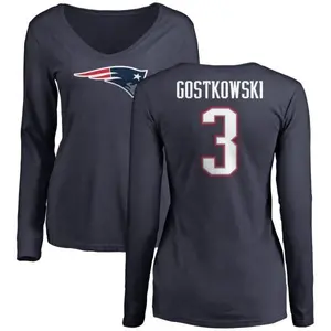 Women's Stephen Gostkowski New England Patriots Name & Number Logo Slim Fit Long Sleeve T-Shirt - Navy