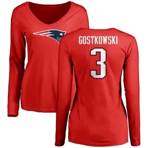 Women's Stephen Gostkowski New England Patriots Name & Number Logo Slim Fit Long Sleeve T-Shirt - Red