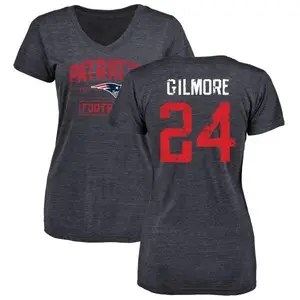 Women's Stephon Gilmore New England Patriots Navy Distressed Name & Number Tri-Blend V-Neck T-Shirt