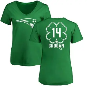 Women's Steve Grogan New England Patriots Green St. Patrick's Day Name & Number V-Neck T-Shirt