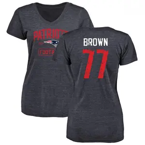 Women's Trent Brown New England Patriots Navy Distressed Name & Number Tri-Blend V-Neck T-Shirt